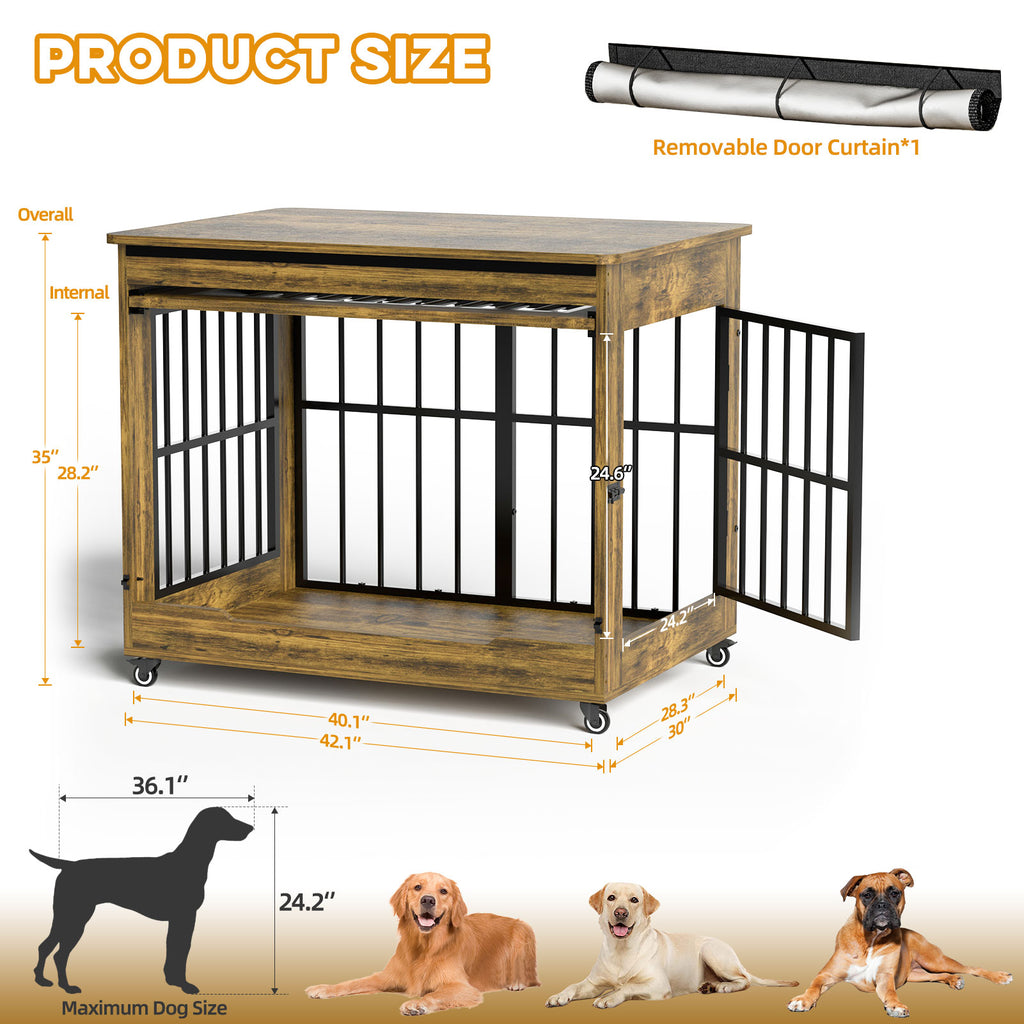Wooden pet crate with dimensions and dog size reference on a white background