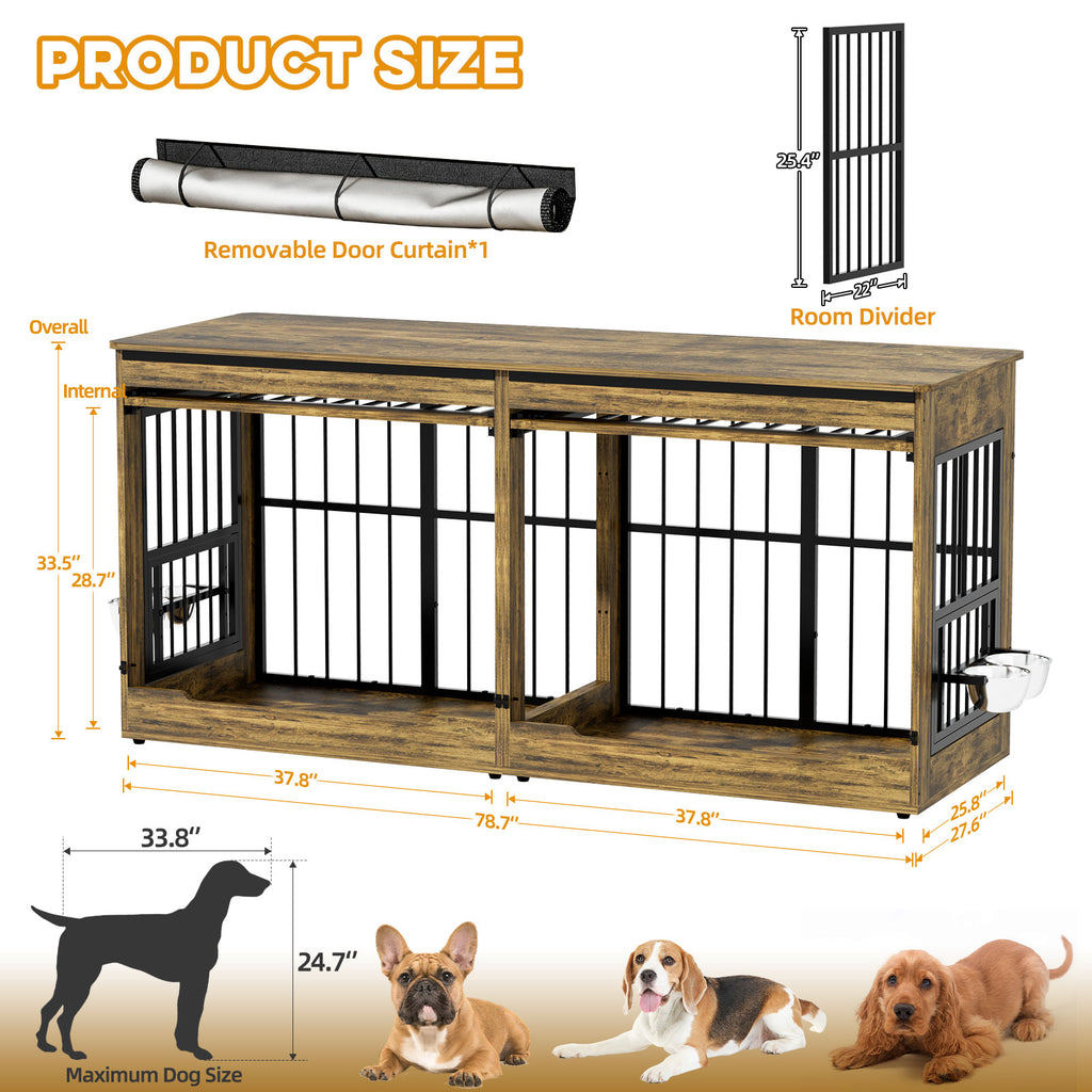 Wooden pet crate with dimensions and features on a white background