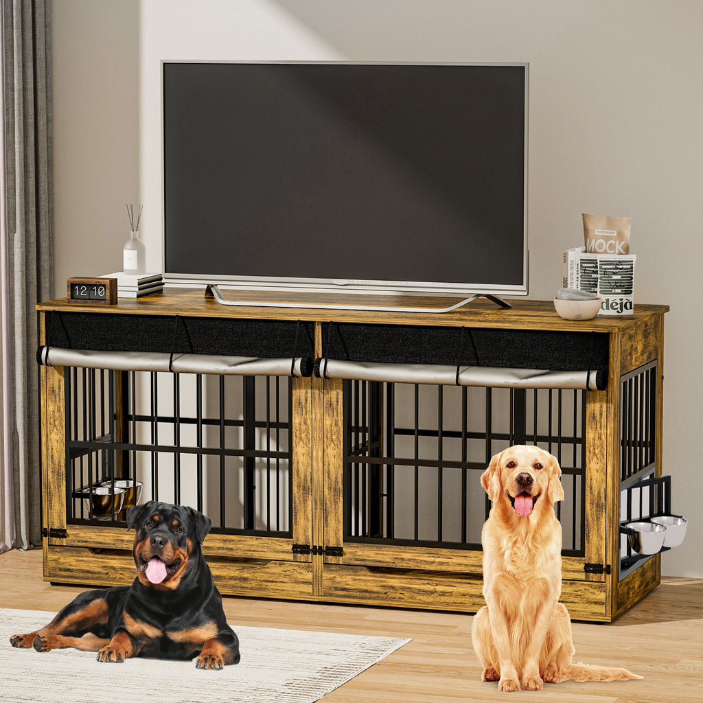 Wooden pet crate with metal bars in a living room setting, featuring two dogs