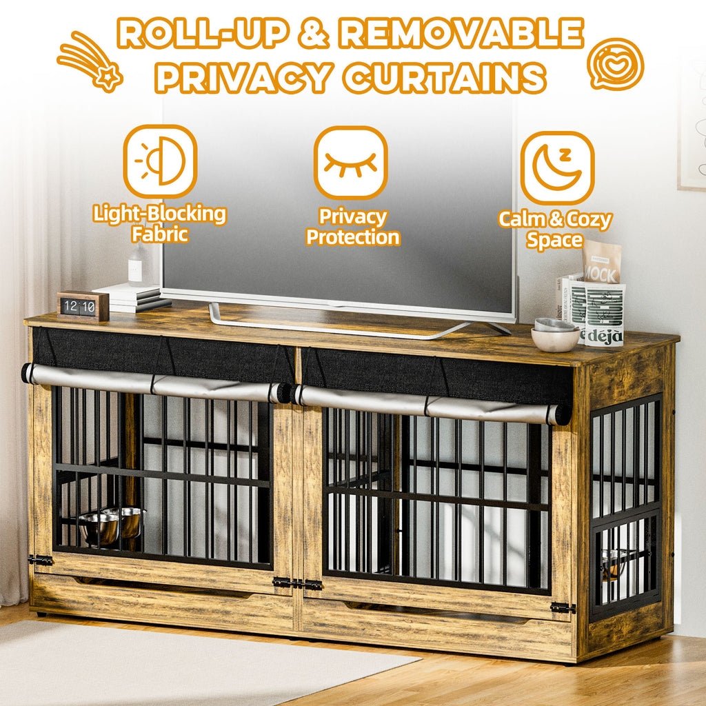 Wooden pet crate with roll-up privacy curtains in a living room setting