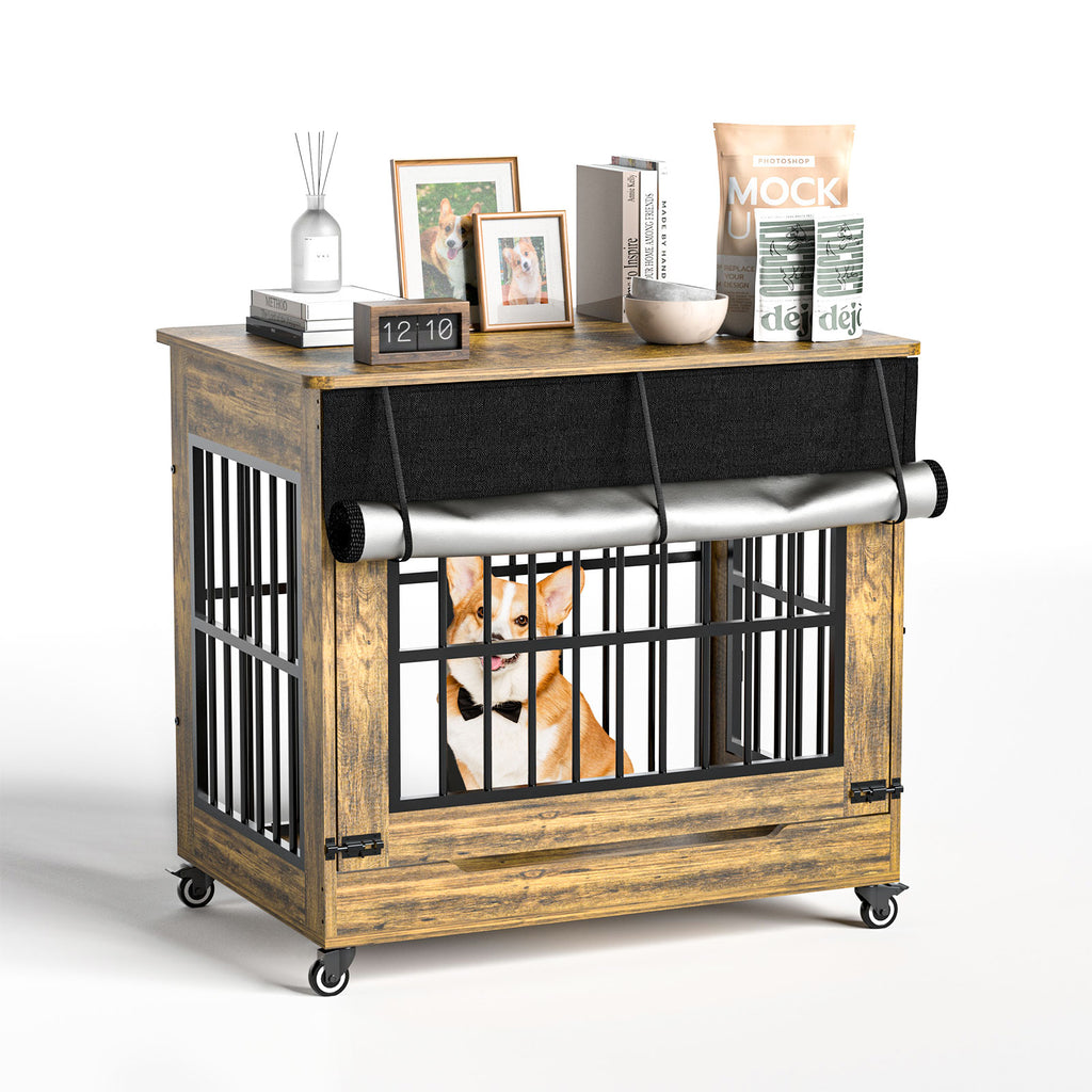 Wooden pet crate with wheels and a dog inside on a white background