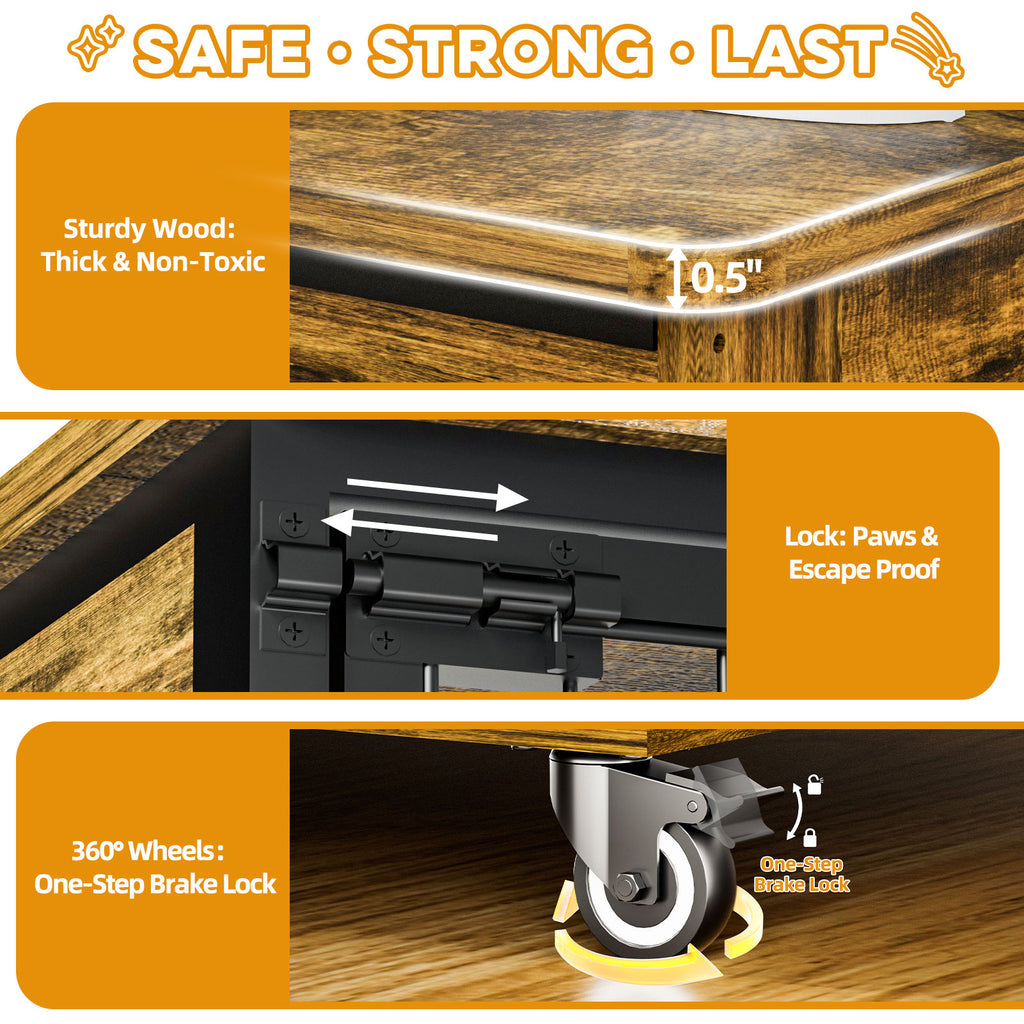 Wooden pet gate with features highlighted on an orange background