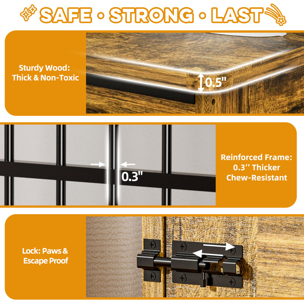 Wooden pet gate with reinforced frame and lock mechanism, highlighting safety and durability features
