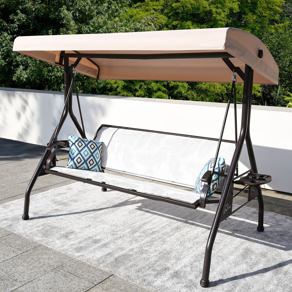  ZZW 3 Seat Porch Swing with Stand and Adjustable Canopy White Color