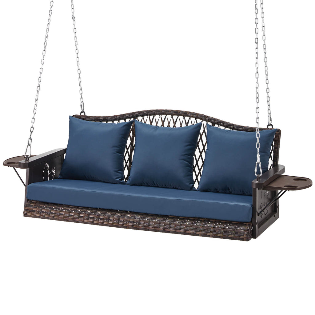 zzw_Brown_wicker_blue_cushion_hanging_porch_swings_in_white_playground