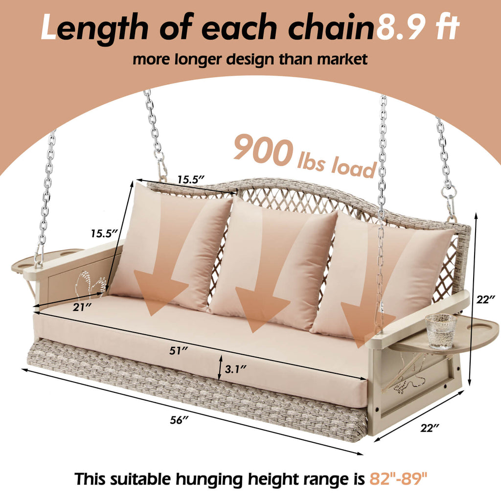 22"D x 55"W x 19"H_hanging_porch_swings_Each_chain_Length_900lbs_Size_22"D x 55"W x 19"H_suitable_hanging_height_82''_to_89''