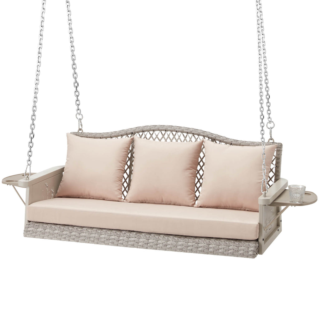 zzw_Gray_wicker_Beige_cushion_Hanging_Porch_swings_in_white_playground