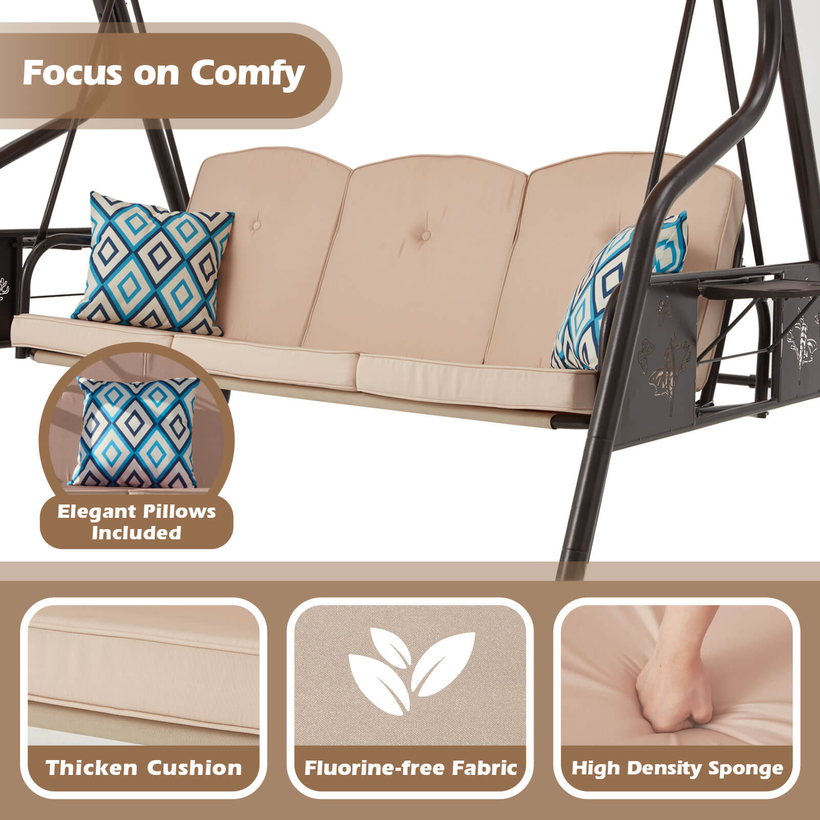 ZZW Outdoor Porch Swings with Stand Adjustable Canopy 3 Seat