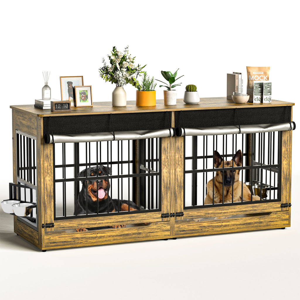Wooden pet cage with two dogs inside on a white background