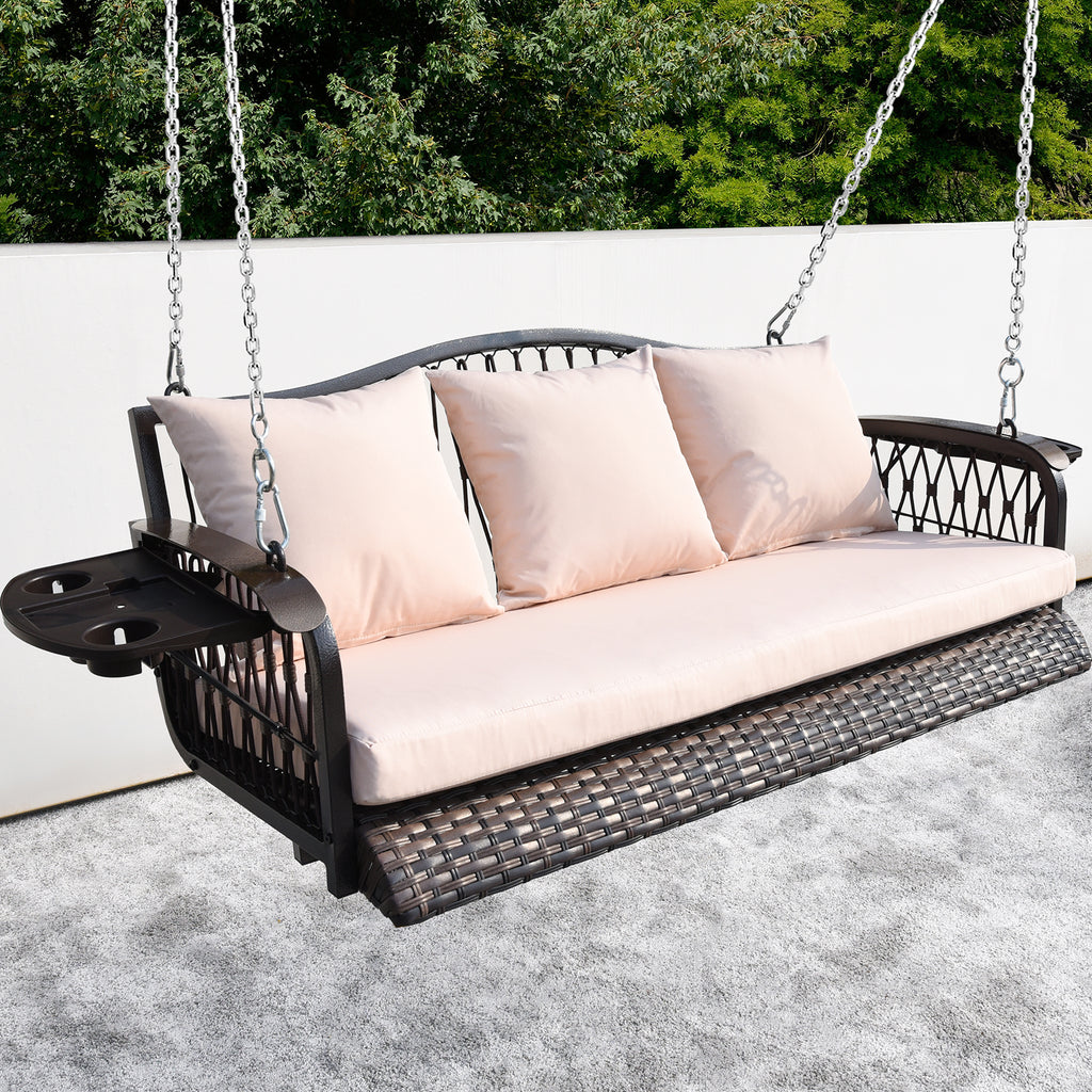 Zzw_3_Seat_PE_Wicker_Hanging_Porch_Swing_Brown_Color