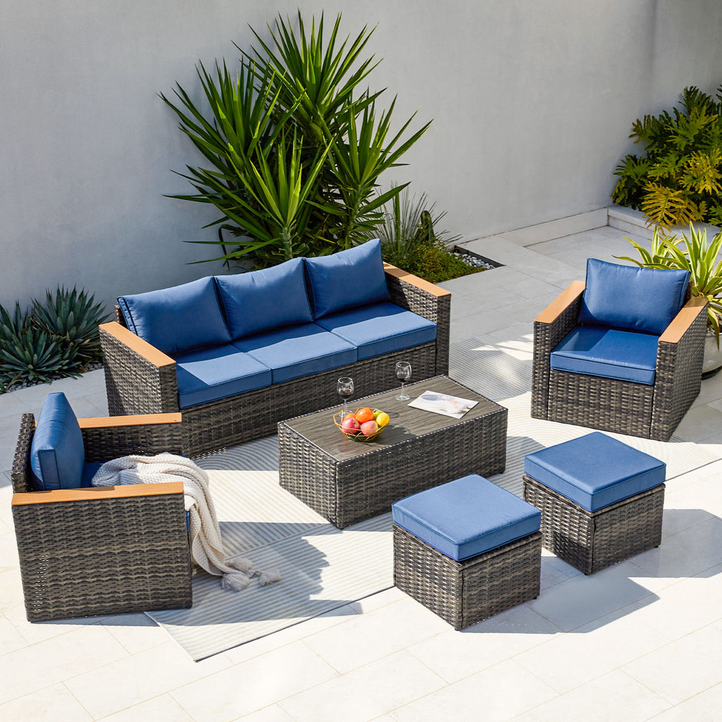 Zzw 6-Piece Patio Rattan Furniture Set Blue Color