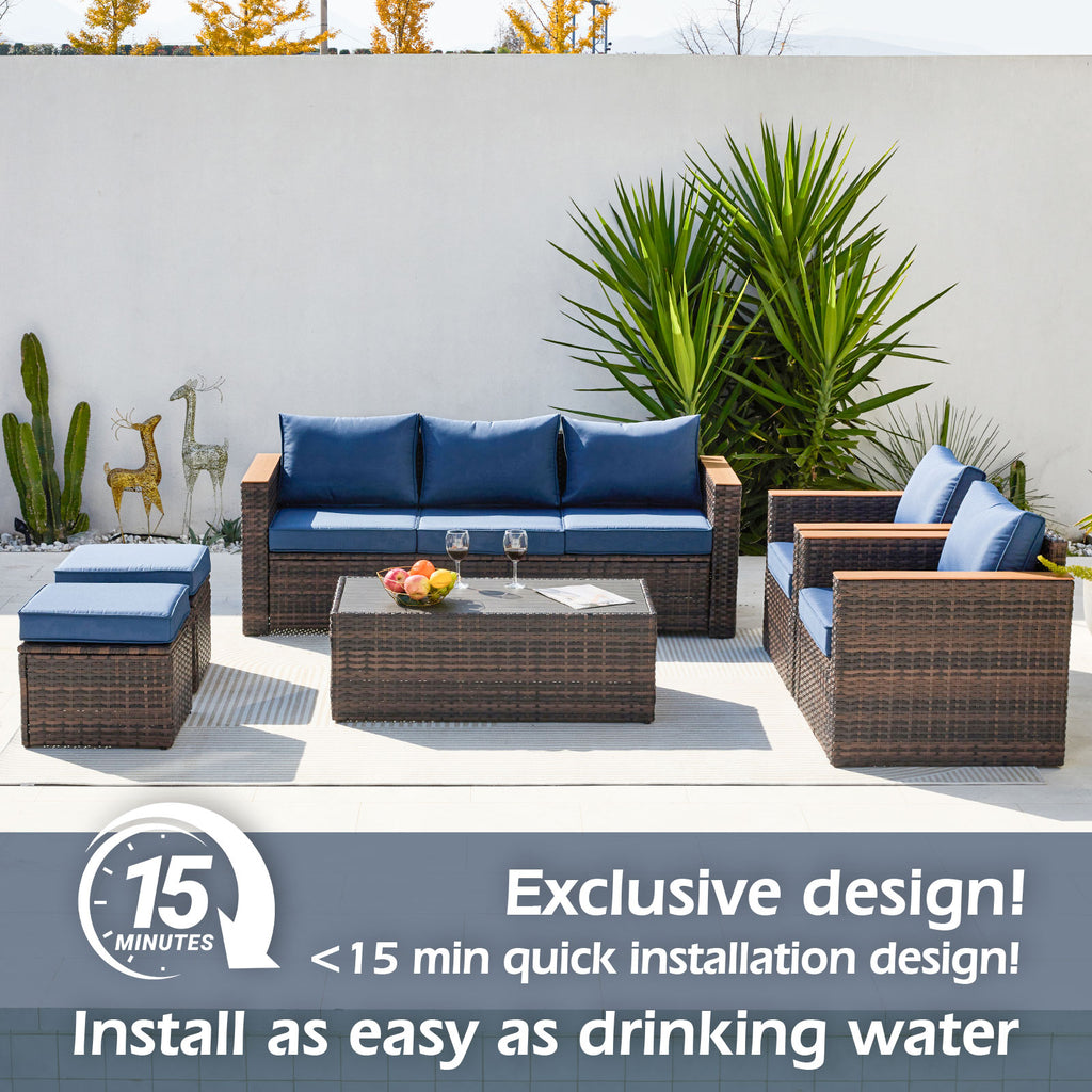 Zzw 6-Piece Patio Rattan Furniture Set Quick Install