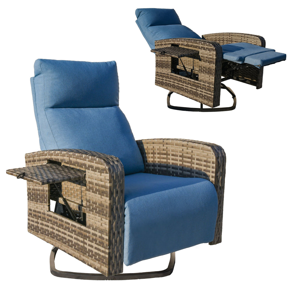 Blue recliner chair with wicker frame on a white background