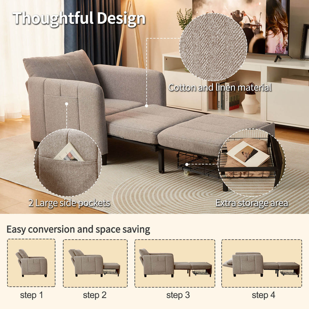 zzw_Gray_sleeper_sofa_Use_cotton_line_materail_2_large_side_pockets_extra_storage_area_easy_conversion_and_space_saving